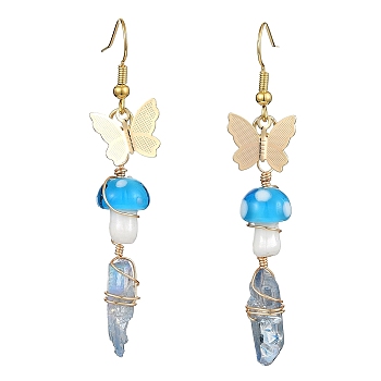 Dyed Natural Quartz Crystal Nugget & Mushroom Lampwork Dangle Earrings, Golden Brass Butterfly Long Drop Earrings, Deep Sky Blue, 63~75x6.5~11mm