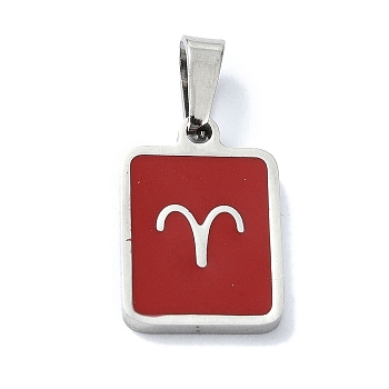 304 Stainless Steel Pendants, with Enamel, Stainless Steel Color, Rectangle with Constellation Charms, Aries, 16x11x1.5mm, Hole: 5.5x3mm
