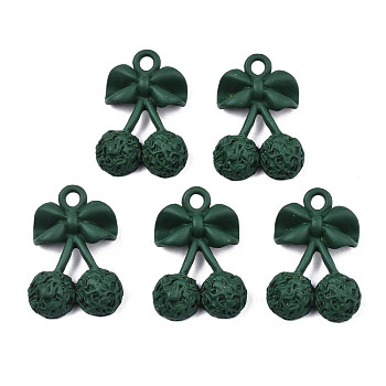 Spray Painted Alloy Pendants, Cadmium Free & Lead Free, Bowknot with Cherry Shape, Dark Green, 22.5x15.5x5.5mm, Hole: 2mm