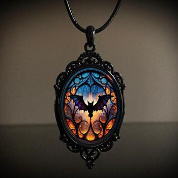 Oval Gothic Alloy Glass Halloween Pendant Necklaces for Women, Black, Bat, 17.72 inch(45cm)