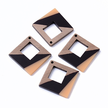 Resin & Walnut Wood Pendants, Rhombus, Sandy Brown, 37x37x3mm, Hole: 2mm