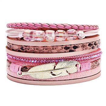 PU Leather Multi-strand Bracelets, with Wax Polyester Cords, Alloy Magnetic Clasp and Rhinestone, Feather, Golden, Pink, 7-1/2 inch(19cm), 40mm