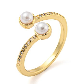 Brass Micro Pave Cubic Zirconia Open Finger Ring, with Plastic Imitation Pearl, Cadmium Free & Lead Free, Long-Lasting Plated, Real 18K Gold Plated, US Size 7 3/4(17.9mm)