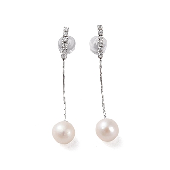 925 Sterling Silver Studs Earring, with Cubic Zirconia and Natural Pearl, Platinum, 38x7mm