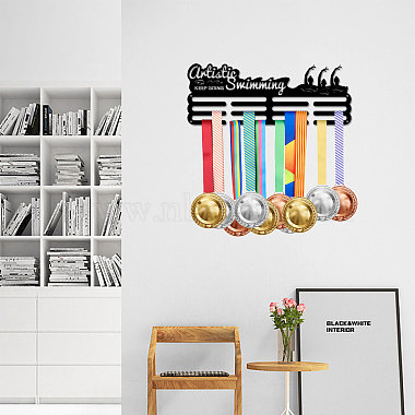 Estante de pared de exhibición con soporte para colgar medallas de hierro a la moda de natación artística palabra(ODIS-WH0021-335)-6