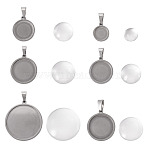 6Pcs 6 Styles 304 Stainless Steel Pendant Cabochon Settings, with 6Pcs 6 Styles Transparent Clear Glass Square Cabochons, Stainless Steel Color, Flat Round, 10~11x5~6mm(STAS-TA0001-47B)