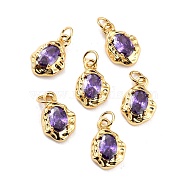 Brass Pave Cubic Zirconia Pendant, Long-Lasting Plated, Real 18K Gold Plated, Oval, Purple, 12x8x3mm, Hole: 2.6mm(X-ZIRC-P089-19G-E)