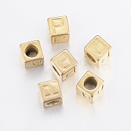 304 Stainless Steel Large Hole Letter European Beads, Horizontal Hole, Cube with Letter.P, Golden, 8x8x8mm, Hole: 5mm(X-STAS-H428-01G-P)