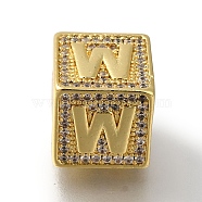 Brass Cubic Zirconia Beads, Letter W, Square, Letter W, 9.5x9.5x9.5mm, Hole: 6mm(KK-Q818-01W-G)