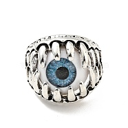 Claw with Evil Eye Resin Open Cuff Ring, Antique Silver Alloy Gothic Jewelry for Men Women, Blue, US Size 9 1/4(19.1mm)(RJEW-D118-02AS)