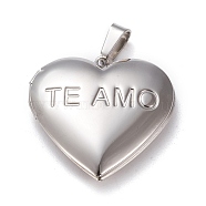 304 Stainless Steel Locket Pendants, Photo Frame Charms for Necklaces, Heart with Diamond & TE AMO, Stainless Steel Color, 29x29x6.5mm, Hole: 3.5x7mm, Inner Size: 16x21mm(STAS-K197-05P)