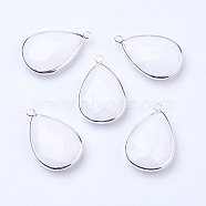 Silver Color Plated Brass Glass Teardrop Pendants, Faceted, Snow, 18x10x5mm, Hole: 2mm(X-GLAA-M006-A-22S)