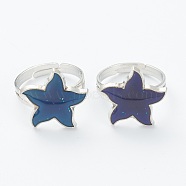 Adjustable Iron Finger Rings, with Epoxy, Changing Color Mood Rings, Starfish, Platinum, Colorful, US Size 6, Inner Diameter: 17mm(RJEW-B032-17P)