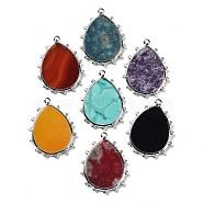 Natural Mixed Stone Pendants, Rack Plating Platinum Tone Brass Pave Clear Cubic Zirconia Teardrop Charms, Mixed Dyed and Undyed, 30.5x23.5x2mm, Hole: 1.4mm(G-D072-01P)