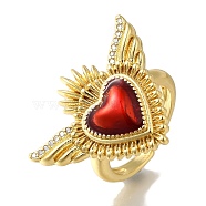 Rack Plating Brass Clear Cubic Zirconia Open Cuff Rings, Enamel Heart with Wing Ring for Women, Cadmium Free & Lead Free, Long-Lasting Plated, FireBrick, Heart: 23.5x29mm(RJEW-S411-01G-03)