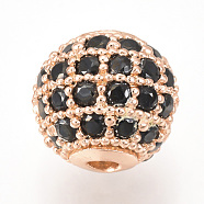Brass Micro Pave Cubic Zirconia Beads, Round, Black, Rose Gold, 6mm(X-ZIRC-Q013-6mm-143RG)