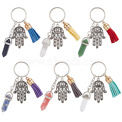 6Pcs 6 Styles Bullet Natural & Synthetic Gemstone Pendant Keychain, Alloy Hamsa Hand/Hand of Miriam and Tassels Charms, for Bag Car Key Pendant Decoration Key Chain, 9cm, 1pc/style(KEYC-DR0001-03)