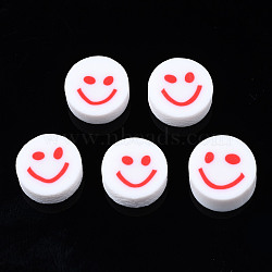 Handmade Polymer Clay Beads, for DIY Jewelry Crafts Supplies, Flat Round with Smiling Face, Red, 10x4~4.5mm, Hole: 1.8mm(X-CLAY-N008-040E)