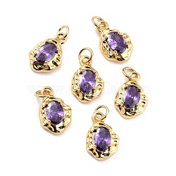 Brass Pave Cubic Zirconia Pendant, Long-Lasting Plated, Real 18K Gold Plated, Oval, Purple, 12x8x3mm, Hole: 2.6mm(X-ZIRC-P089-19G-E)