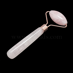 Natural Rose Quartz Massage Tools, Facial Rollers, with Brass Findings, Rose Gold, 12.8x5.05x2cm(G-S336-50)