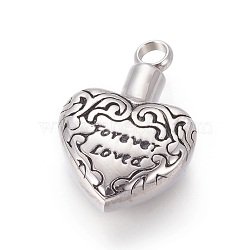 Retro 304 Stainless Steel Pendants, Perfume Bottle, Heart with Word Forever Loved, For Valentine's Day, Antique Silver, 30x19.5x8.5mm, Hole: 4mm(STAS-L237-08AS)