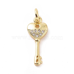 Brass Micro Pave Cubic Zirconia Pendants, with Jump Ring, Heart Key Charm, Golden, 16.5x7x2mm, Hole: 2.8mm(KK-C012-11G)