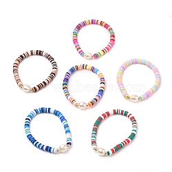 Polymer Clay Heishi Beads Stretch Bracelets, with Acrylic Imitation Pearl Beads and Brass Beads, Mixed Color, Inner Diameter: 2-1/4 inch(5.6cm)(BJEW-JB05707)