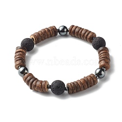 Natural Coconut Rondelle Beads Stretch Bracelet for Men Women, Oil Diffuser Lava Rock Beads & Non-Magnetic Synthetic Hematite Bracelet, Coconut Brown, Inner Diameter: 2-1/4 inch(5.7cm)(BJEW-JB06771-01)