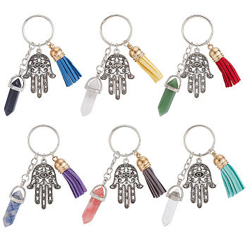 6Pcs 6 Styles Bullet Natural & Synthetic Gemstone Pendant Keychain, Alloy Hamsa Hand/Hand of Miriam and Tassels Charms, for Bag Car Key Pendant Decoration Key Chain, 9cm, 1pc/style