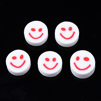 Handmade Polymer Clay Beads, for DIY Jewelry Crafts Supplies, Flat Round with Smiling Face, Red, 10x4~4.5mm, Hole: 1.8mm