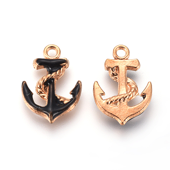 Enamel Pendants, with Light Gold Plated AlLoy Findings, Anchor, Black, 17x12x3mm, Hole: 2mm