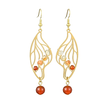 Natural Mixed Gemstone Beaded Dangle Earrings, Golden Alloy Wings Drop Earrings, 75x20mm
