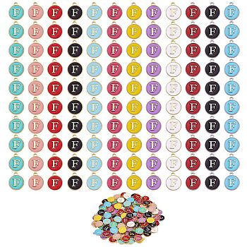120Pcs 12 Colors Golden Plated Alloy Charms, with Enamel, Enamelled Sequins, Flat Round with Letter, Letter.F, 14x12x2mm, Hole: 1.5mm, 10pcs/color