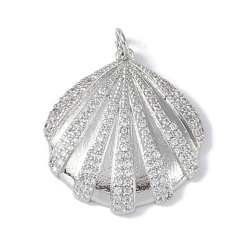 Rack Plating Brass Micro Pave Clear Cubic Zirconia Pendants, with Jump Rings, Cadmium Free & Lead Free, Long-Lasting Plated, Shell, Platinum, 25.5x23.5x4mm, Hole: 3mm