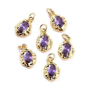 Brass Pave Cubic Zirconia Pendant, Long-Lasting Plated, Real 18K Gold Plated, Oval, Purple, 12x8x3mm, Hole: 2.6mm