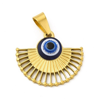 Vacuum Plating 304 Stainless Steel Pendants, Fan Charms with Resin Blue Evil Eye, Golden, 24.5x28x5mm, Hole: 9x4.5mm