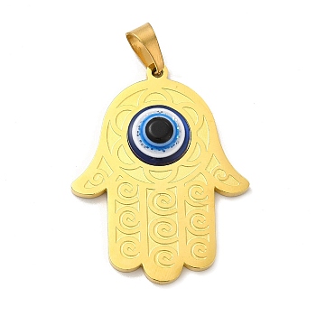 Ion Plating(IP) 304 Stainless Steel Pendants, Religion Hamsa Hand Charms with Blue Glitter Enamel, Golden, 44x34x5.5mm, Hole: 8.5x5.5mm