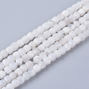 Natural Rainbow Moonstone Beads Strands, Faceted, Cube, 4x4x4mm, Hole: 0.8mm, about 97pcs/strand, 15.55 inch(39.5cm)