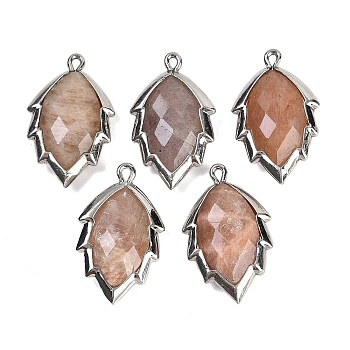 Natural Sunstone Faceted Leaf Pendants, Rack Plating Brass Charms, Platinum, 23x13.5x5.5mm, Hole: 1.2mm