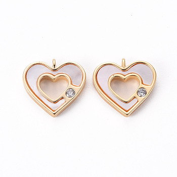 Brass Micro Pave Clear Cubic Zirconia Charms, with Shell, Heart, Nickel Free, Real 18K Gold Plated, 11x11.5x2mm, Hole: 1mm