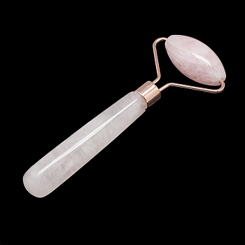 Natural Rose Quartz Massage Tools, Facial Rollers, with Brass Findings, Rose Gold, 12.8x5.05x2cm
