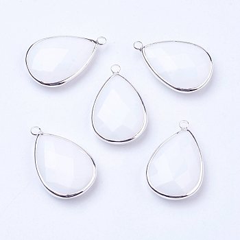 Silver Color Plated Brass Glass Teardrop Pendants, Faceted, Snow, 18x10x5mm, Hole: 2mm