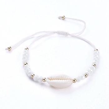 Adjustable Nylon Thread Braided Bead Bracelets, with Natural Cowrie Shell Beads, Faceted Glass Beads and Brass Beads, White, Inner Diameter: 3.2~7.8cm
