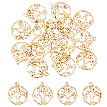 Brass Pendant, Flat Round with Tree of Life, Real 18K Gold Plated, 18x15x1.5mm, Hole: 1.2mm, 16pcs/box
