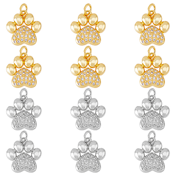 12Pcs 2 Colors Rack Plating Brass Micro Pave Cubic Zirconia Charms, with Jump Ring, Long-Lasting Plated, Cadmium Free & Lead Free, Dog's Paw Print Charm, Mixed Color, 15x14.5x3mm, Hole: 3mm, 6pcs/color