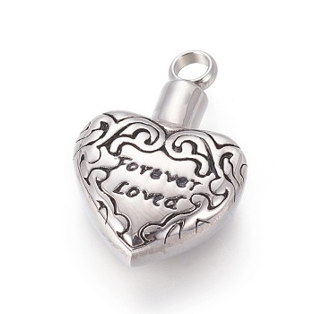 Retro 304 Stainless Steel Pendants, Perfume Bottle, Heart with Word Forever Loved, For Valentine's Day, Antique Silver, 30x19.5x8.5mm, Hole: 4mm