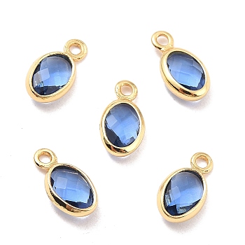 Eco-Friendly Brass with Glass Pendants,  Long-Lasting Plated, Lead Free & Cadmium Free & Nickel Free, Oval, Real 18K Gold Plated, Midnight Blue, 9x4.5x2mm, Hole: 1.2mm