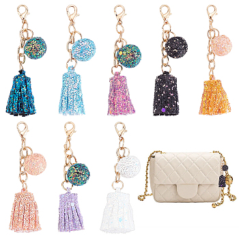 WADORN 8Pcs 8 Colors Laser Style Sequins Cloth Ball Tassel Pendant Decoration, with Golden Tone Alloy Lobster Claw Clasps, Mixed Color, 7.5cm, Ball: 17x15mm, Tassel: 28.5x12mm, 1pc/color