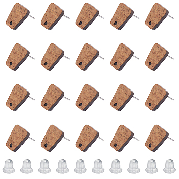 20 Pairs Trapezoid Walnut Wood Stud Earring Findings, with 100Pcs Plastic Ear Nuts, Peru, 14x12mm, Hole: 1.8mm, Pin: 0.7mm