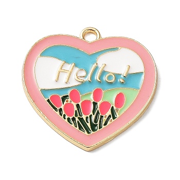 Alloy Enamel Pendants, Light Gold, Heart with Flower & Word Hello Charm, Colorful, 26x26x1.5mm, Hole: 2mm
